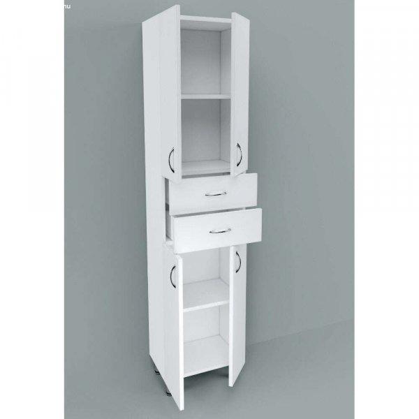 HD STANDARD 45 cm széles polcos álló fürdőszobai magas szekrény, fényes
fehér, króm kiegészítőkkel, 4 ajtóval és 2 fiókkal