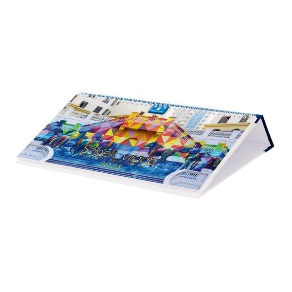 Asztali naptár fehér lapokkal 320 × 150 mm Színek világa fekvő műbör
hátlappal kék Dayliner 2024.