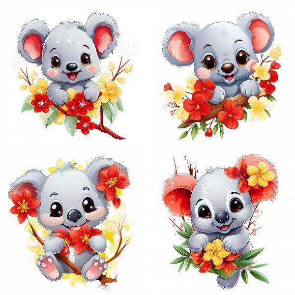 Koalamacis falmatrica, piros, sárga virágokkal | 8 + 24 db-os szett | 80 cm x
80 cm - babaszoba faldekoráció