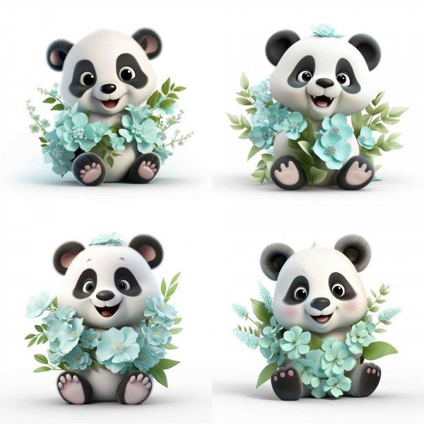Kék virágos 3D Pandamacis falmatrica | 8 + 24 db-os szett | 80 cm x 80 cm -
babaszoba faldekoráció