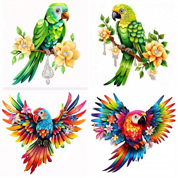 Papagájos falmatrica, zöld Lórik és Arapapagájok | 8 + 24 db-os szett | 80
cm x 80 cm - babaszoba faldekoráció