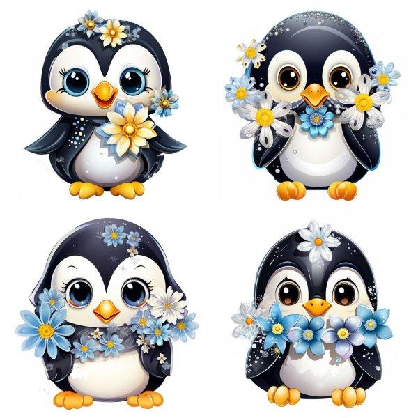 Pingvines kék virágos falmatrica | 8 + 24 db-os szett | 80 cm x 80 cm -
babaszoba faldekoráció