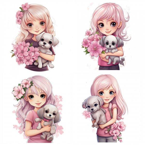 Rózsaszín hajú kislány és kiskutyája falmatrica  |  8 + 24 db-os szett |
80 cm x 80 cm - babaszoba faldekoráció
