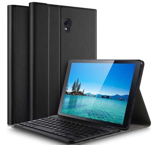 Samsung Galaxy Tab A 10.5 LTE (2018) SM-T595 / Samsung Galaxy Tab A 10.5 WIFI
(2018) SM-T590 Tok álló, bőr hatású (FLIP, bluetooth billentyűzet, asztali
tartó, QWERTY, angol nyelvű) FEKETE