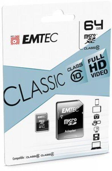 Memóriakártya, microSDXC, 64GB, CL10, 20/12 MB/s, adapter, EMTEC
"Classic"