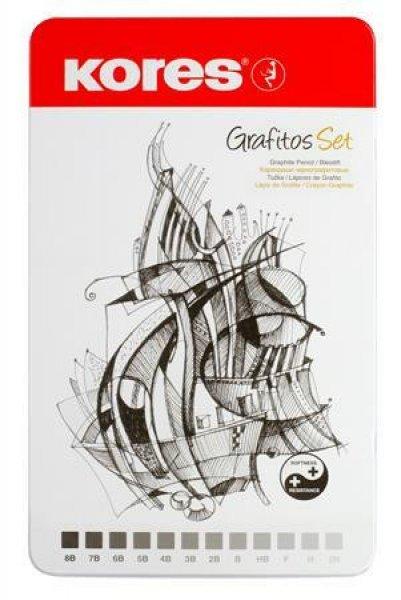 Grafitceruza készlet, fém doboz, háromszögletű, KORES "GRAFITOS",
12 különböző keménység