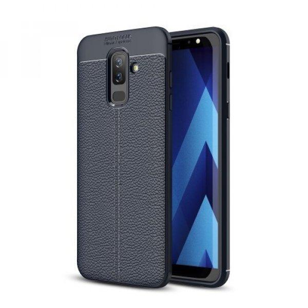 Samsung Galaxy A6+ (2018) Szilikon Tok Bőrmintázattal TPU Prémium Sötétkék