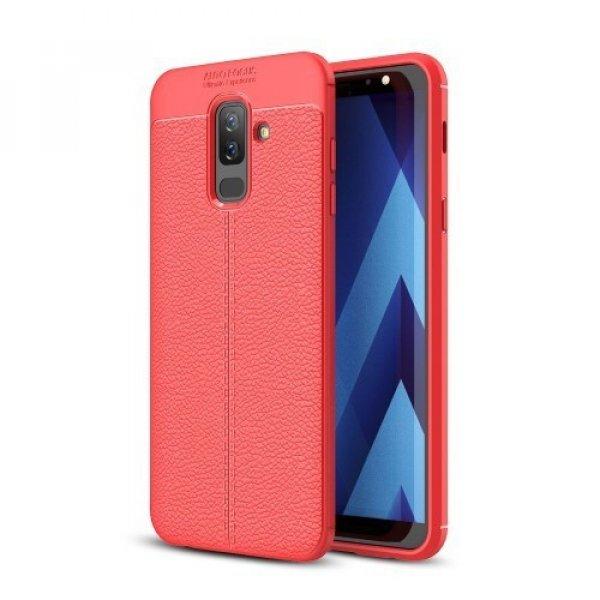 Samsung Galaxy A6+ (2018) Szilikon Tok Bőrmintázattal TPU Prémium Piros