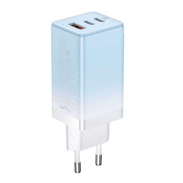 Baseus GaN3 Pro 2xUSB-C / USB-A Hálózati töltő - Kék/Fehér (65W)