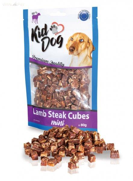 KidDog jutalomfalat kutyáknak - Mini Lamb Steak Cubes - mini bárány 95%,
bivalybőr kockák 80g