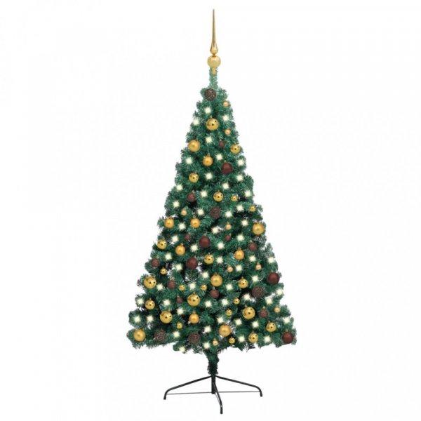 Zöld megvilágított fél műkarácsonyfa gömb szettel 210 cm