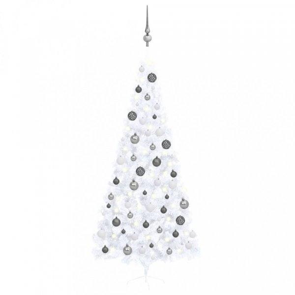 Fehér megvilágított fél műkarácsonyfa gömb szettel 240 cm