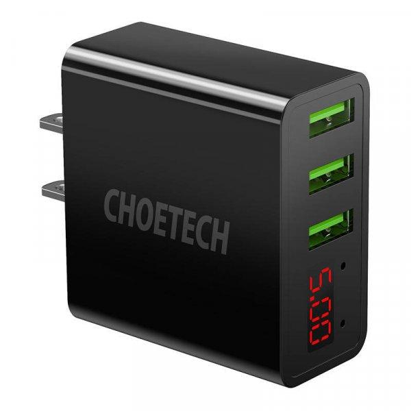 Choetech C0026 táptöltő, amerikai csatlakozó, 3x USB-C digitális
kijelzővel 15W (fekete).