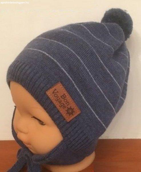 Minimanó téli kötött sapka pamuttal bélelve (46-48) kék csíkos 