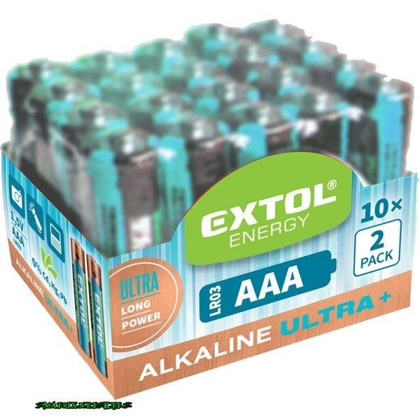 EXTOL elem klt. 20 db, alkáli, 1,5V, méret: AAA (LR03), hosszú étettartam,
10×2db-os kínálóban 42012