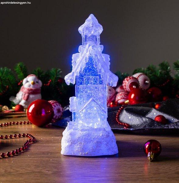 MagicHome karácsonyi dekoráció, Házikó, LED, színváltozó, lebegő
csillámmal, PE, 2x AA, 9,5 x 9,5 x