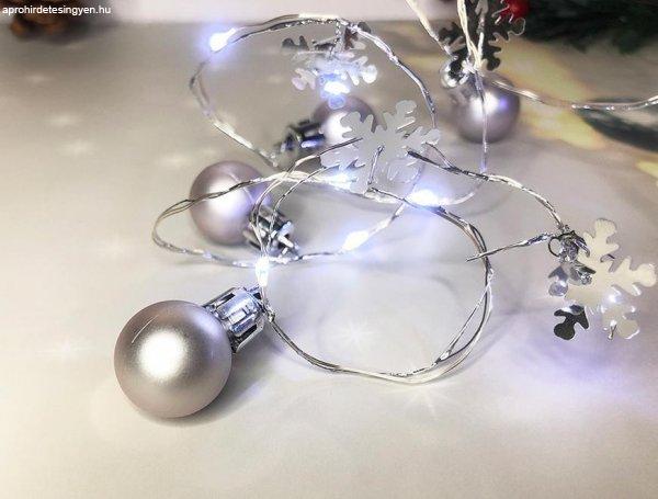 Lánc MagicHome Karácsony Ball, 20 LED hideg fehér, gömbökkel és
csillagokkal, ezüst, 2x AA, egyszerű