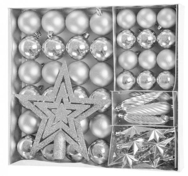 MagicHome karácsonyi gömbok, készlet, 50 db, 4-5 cm, ezüst, csillag,
füzér, toboz, karácsonyfára
