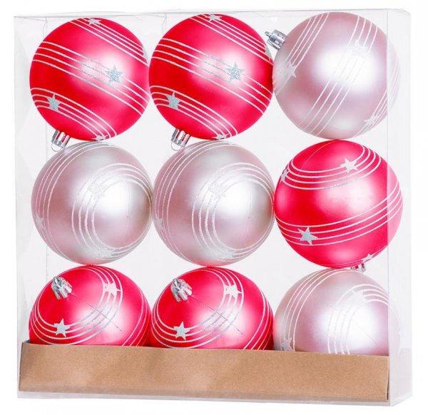 MagicHome karácsonyi gömbok, 9 db, piros-rózsaszín, matt, dekorációval,
karácsonyfára, 6 cm