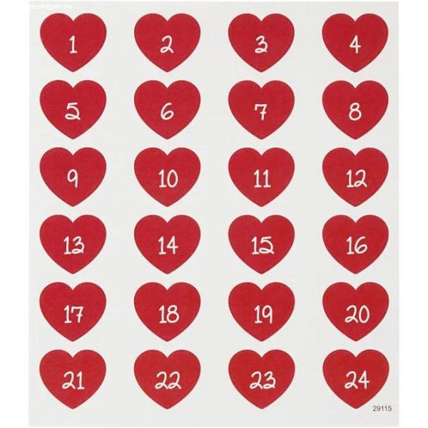 Karácsonyi matrica, adventi naptár, számok 1-24-ig, szív alakú, 15x17cm