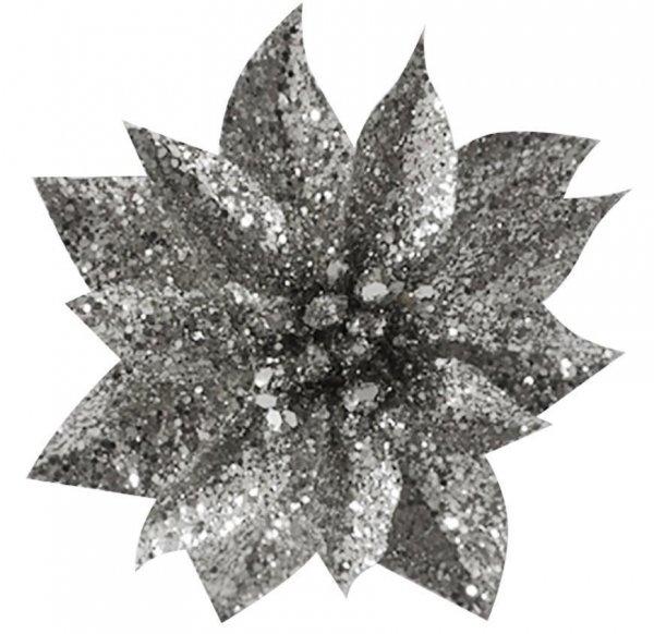 Virág GlitterPoinsettia, csipeszel, ezüst, 9x8cm
