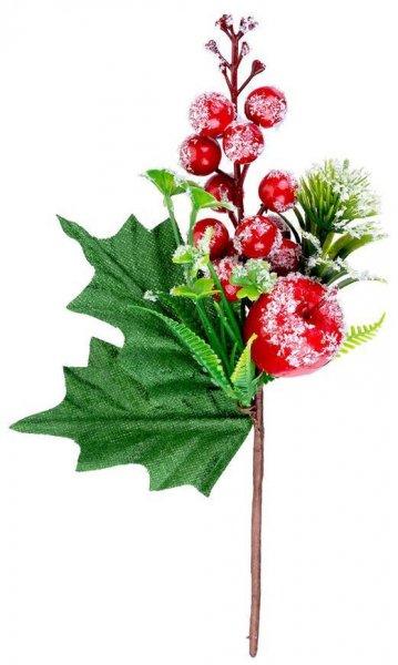 MagicHome karácsonyi ág, bogyókkal és almával, piros, fagy hatás, 22 cm