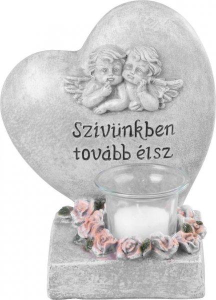 MagicHome díszítése, szív angyalokkal, poliresinnel, sírral, 15,5x12x17,5
cm, magyar névvel