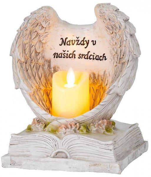 MagicHome dekoráció, szárnyas angyal könyvön, gyertyával, LED, poligyanta,
sírra, 18 x 13,5 x 20 cm
