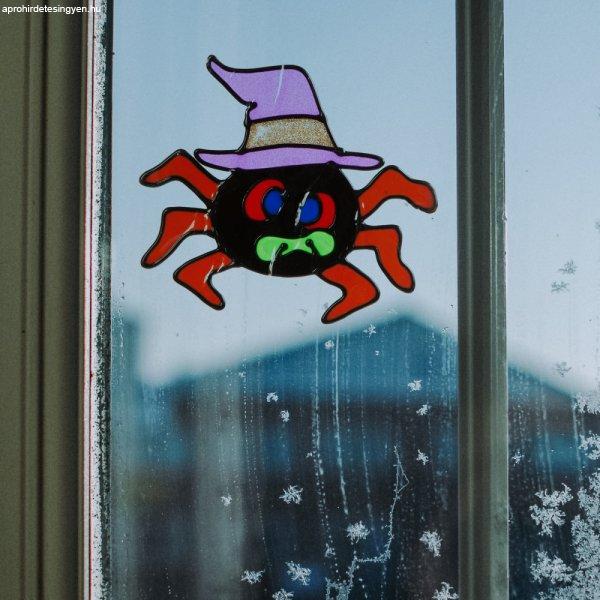 Halloween-i ablakdekor - színes, csillámos pók (58107D)