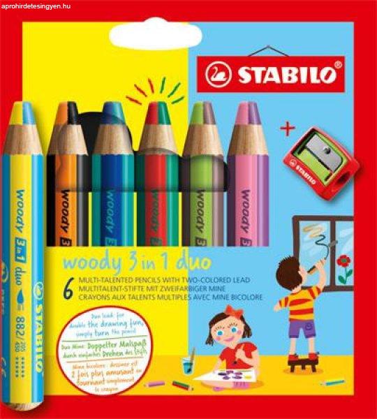 Színes ceruza készlet, STABILO "Woody 3 in 1 duo", 6 dupla vegyes
szín