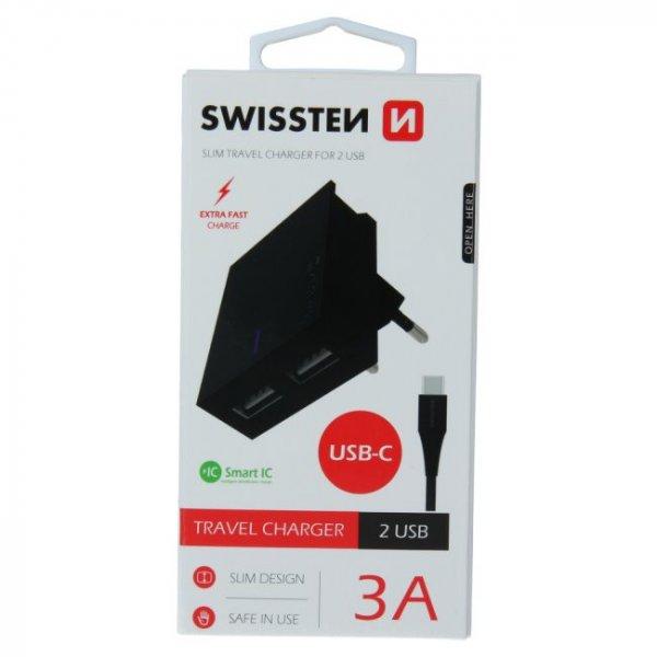 Gyorstöltés Swissten Smart IC 3.A s 2 USB konektorral + Adatkábel USB / USB-C
1,2 m, fekete