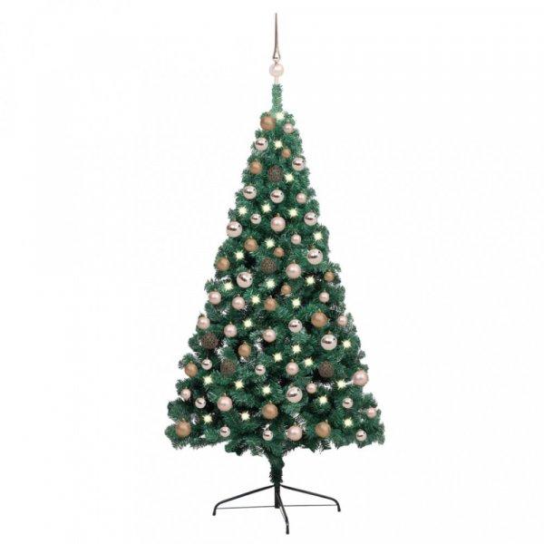 Zöld megvilágított fél műkarácsonyfa gömb szettel 150 cm