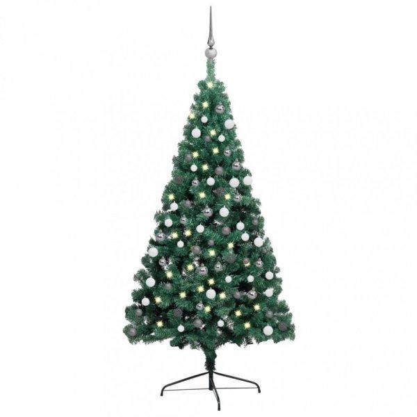 Zöld megvilágított fél műkarácsonyfa gömb szettel 150 cm
