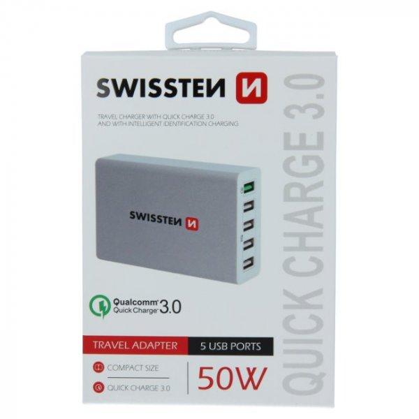 Gyorstöltés Swissten Smart IC 50W támogatással QuickCharge 3.0 és 5 USB
konektorral, fehér