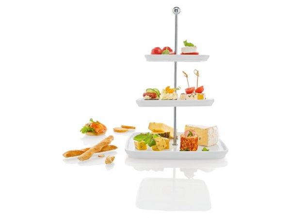 ERNESTO 3 szintes, szögletes tálaló állvány, 35 cm magas, 3 tálcás,
dekoratív porcelán tálaló, kínáló tál készlet, süteménytálca
