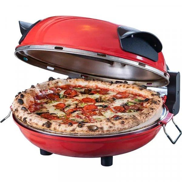 Hausmeister Da Gennaro 1200W 30 cm elektromos pizzasütő, piros pizzakemence
betekintő ablakkal, 305 x 10 mm pizzakővel, fém pizzalapáttal