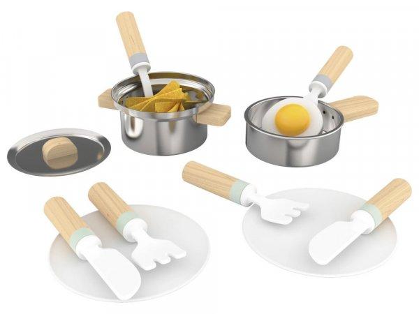 PlaytTive Cooking Set, 18 részes játék fa + nemesacél konyhai készlet
gyerekeknek, serpenyővel, fazékkal, fedővel, evőeszközökkel, tányérokkal
és étellel