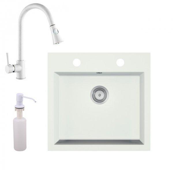 Gránit mosogató EOS Como + Kihúzható zuhanyfejes Snake csaptelep + adagoló
+ szifon (fehér)