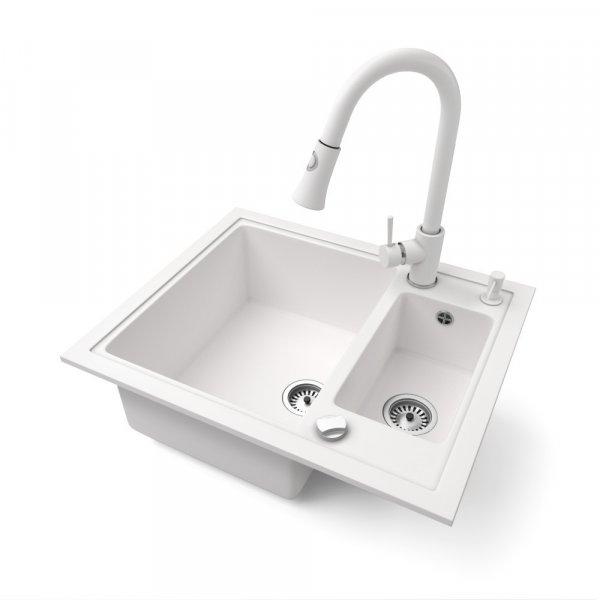 Gránit mosogató NERO Arriva + kihúzható zuhanyfejes Snake csaptelep +
adagoló + dugókiemelő (fehér)