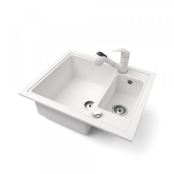 Gránit mosogató NERO Arriva + kihúzható zuhanyfejes Snake csaptelep +
dugókiemelő (fehér)
