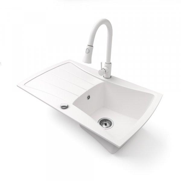 Gránit mosogatótálca NERO Venezia + kihúzható zuhanyfejes Snake csaptelep +
dugókiemelő (fehér)