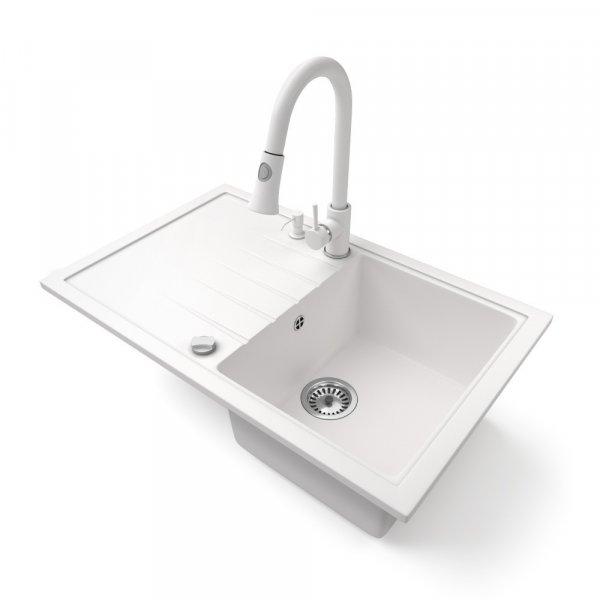 Gránit mosogató NERO Eris + kihúzható zuhanyfejes Snake csaptelep + adagoló
+ dugókiemelő (fehér)