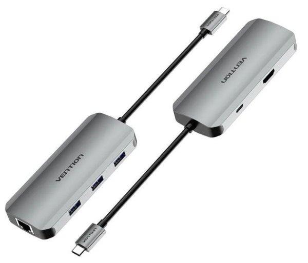 Vention USB-C -> HDMI/USB 3.0x3/RJ45/PD (0,15m Szürke Aluminum Ötvözet),
Dokkoló