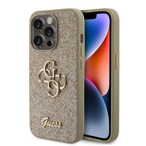 Guess PU Fixed Glitter 4G Metal Logo Hátlapi tok iPhone 15 Pro számára, arany