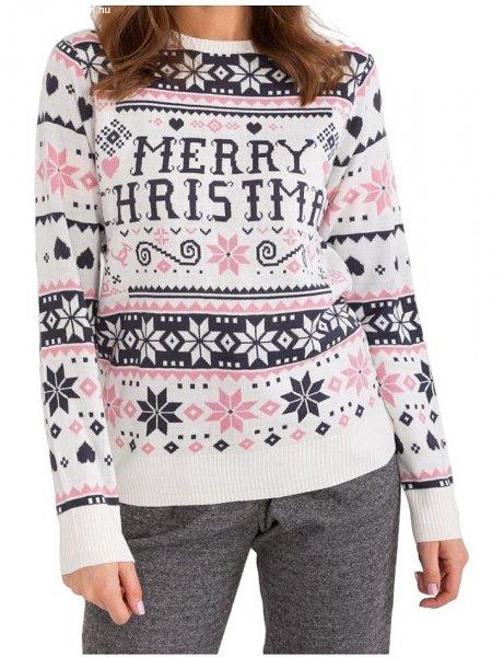 Karácsonyi mintás fehér-rózsaszín női pulóver
