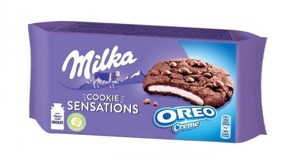 Milka Oreo-s töltelékkel töltött, alpesi tejcsokoládé darabos kakaós
keksz 156 g