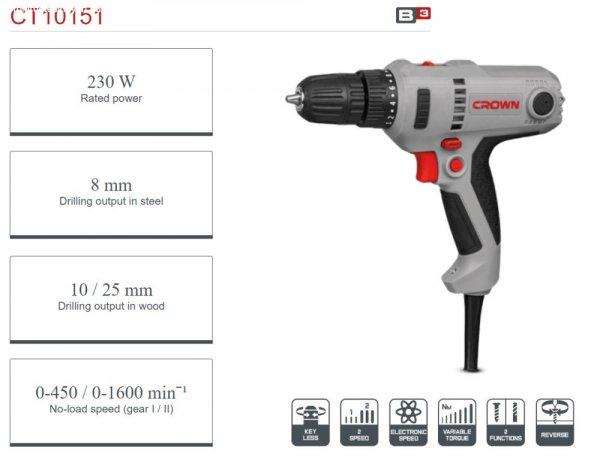 Fúró és csavarbehajtó 230W, 30 Nm, 0.8 - 10 mm 2 sebesség