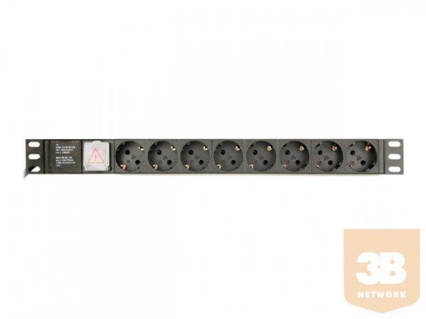 GEMBIRD elektromos elosztó PDU 8 Schuko aljzat 1U 16A 3m kábel, C14
csatlakozóval szerelve
