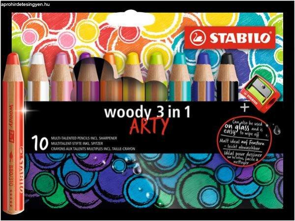Színes ceruza készlet, kerek, vastag, STABILO "Woody ARTY 3 in 1",
10 különböző szín