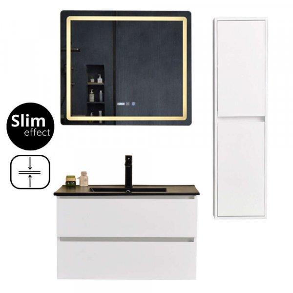 HongKong White 80 komplett fürdőszoba bútor szett fali mosdószekrénnyel,
fekete slim mosdóval, tükörrel és magas szekrénnyel